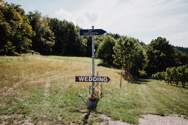Hochzeit auf dem Weingut Nägelsförst bei Baden-Baden fotografiert von Lisa Un Andi Photography. Braut im Brautkleid von der Bridalboutique Baden-Baden. Freie Trauung mit Blick über die Weinreben.